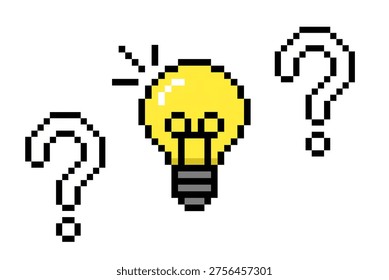 A light bulb with question marks in pixel art. Illustration with a flat background