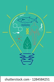 Light bulb with scientific iconographic elements