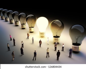 Light Bulbs In A Row With One Being On, Large Group Of People With A Few Moving To The Light.Leading The Pack, Ingenuity,taking The Initiative,standing Out From The Crowd Concept.