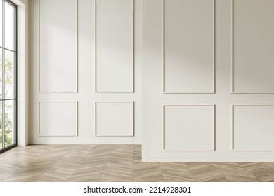 Light Classical Empty Room Interior With Hardwood Floor, Beige Molding Wall And Panoramic Window On Tropics. No Furniture, No People. 3D Rendering