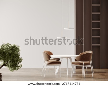 Light cloud dancer 2026 colour of the year dining room. White interior design - round table and walls, minimalistic shelves and chairs in brown. Modern room scene with accents and lamp. 3d render
