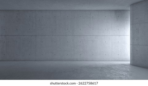 Light is coming into an empty concrete room from side 3d