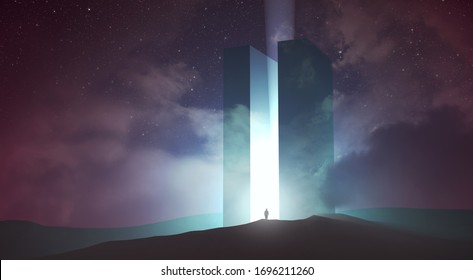 Light Coming Out Of Magical Gate In Dark Surreal Landscape, 3d Illustration