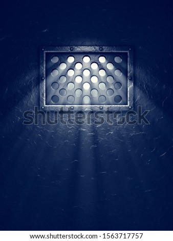 Light coming through prison cell window, Dark metal grunge door background, 3d illustration