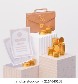 Light Concept Of A Securities Portfolio For Finance, Business And Trading. Leather Briefcase With Gold Coins And A Stocks On A Stone Cubes. 3d Illustration