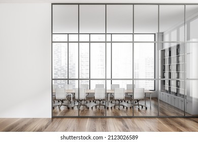 Light conference room interior behind glass doors, front view, armchairs and board on hardwood floor. Panoramic window on Singapore city view. Copy space white wall, 3D rendering