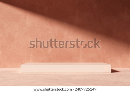 Light coral rectangular stone shaped podium or platform mockup for product display. Sunny summer outdoor ambiance with shadow on the wall. 3D render.