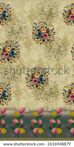 light cream background all-over pattern  colourful flower bunch flower digital design colour full flower shadow border colourful Patti 3D🌻🌹