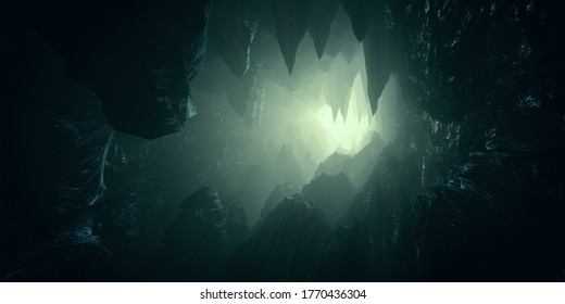 Light In Dark Cave With Stalactites 3d Illustration