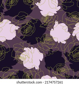 Light And Dark Purple  Rose Silhouettes With Gold Outlined Roses Seamless Repeat Design