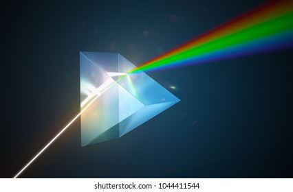 Light Dispersion And Refraction Concept. Light Shining Through Triangular Glass Prism. 3D Rendered Illustration.