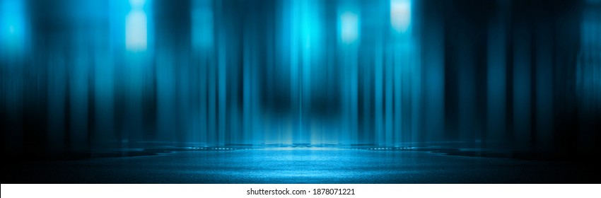 Light effect, blurred background. Wet asphalt, night view of the city, neon reflections on the concrete floor. Night empty stage, studio. Dark abstract background, dark empty street. Night city. 3D 