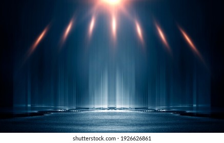 Light Effect. Wet Asphalt, Night View Of The City, Neon Reflections On The Concrete Floor. Night Empty Stage, Studio. Dark Abstract Background, Dark Empty Street Rays And Lines. Night City. 3D