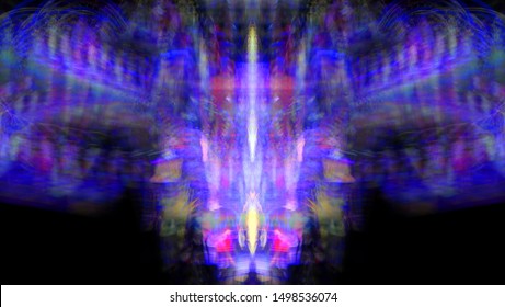 Light effects. Neon glow. Symmetry and reflection. Festive decoration. Abstract blurred background. Glowing texture. Shining pattern.