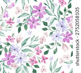 Light and elegant floral pattern hand drawn with watercolor. Spring, summer flowers design. Cute blooms seamless tile for textile, fabric, surface, packaging