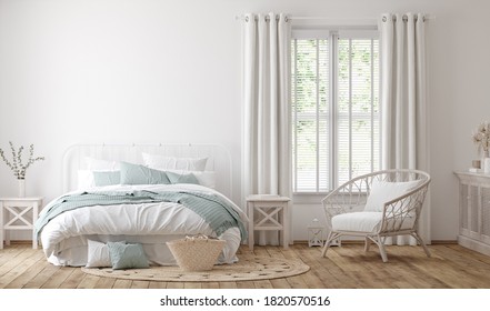 Light farmhouse bedroom interior background, 3d render