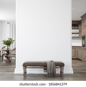 Light Farmhouse Living Room Interior With Dark Wooden Furniture, Wall Mockup, 3d Render