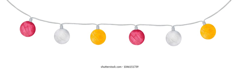 Light Garland With Different Colors Textile Balls. Hand Painted Water Colour Graphic Drawing On White, Cut Out. Party, Festival Decoration, Romantic Celebration, Outdoor Patio Lighting Idea.