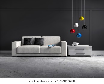 Light gray sofa with  pillows in dark gray lounge setting - 3D illustration
