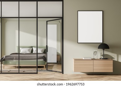 Light Green Bedroom Interior With Sleeping Bed Behind Glass Door. Wooden Drawer And Mockup Copy Space Frame In Living Room With Parquet Floor, 3D Rendering