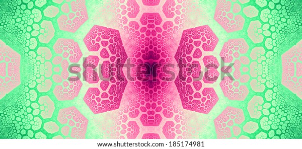 Light green and\
pink abstract high resolution fractal background with a detailed\
leafy organic looking pattern divided into a grid and a central\
flower or tower-like structure\
