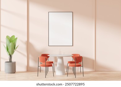 Light home living room interior with round dinner table and bright chairs. Colored eating space with eating space and plant on hardwood floor. Mock up canvas poster on wall. 3D rendering - Powered by Shutterstock