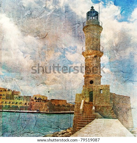 Similar – On the left, part of Gaeta Cathedral (Italy) On the right, an old building and the silhouette of an umbrella line. In between the view of the old town and the port of Gaeta.