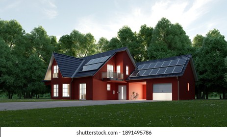 Light in the illuminated house with solar panels and garage in the evening (3d rendering)