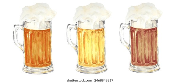 Light lager, amber ale and dark beer clipart set. Watercolor illustration of frothy drinks in mugs, realistic design for brewery, Oktoberfest, flyers, craft beer labels, menu, party invitation - Powered by Shutterstock