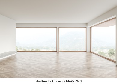 Light Living Room With Hardwood Floor, Front View, Empty Open Space Room In Hotel, Panoramic Window On Countryside. No Furniture, No People. 3D Rendering