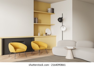 Light Living Room Interior With Sofa And Two Armchairs, Side View, Carpet On Hardwood Floor. Fireplace, Shelf With Decoration. Mockup Empty Wall. 3D Rendering