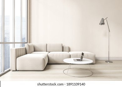 Light Living Room With Large Window, White Corner Sofa And Coffee Table With Laptop. Sofa On Parquet Floor And Lamp, Window With City View, 3D Rendering No People