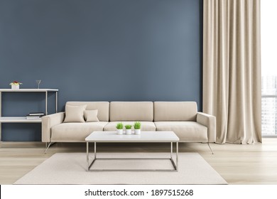 Light Living Room With White Sofa And Coffee Table With Plants, Front View. Blue Wall And Curtains With Window, Furniture On Parquet Floor, 3D Rendering No People