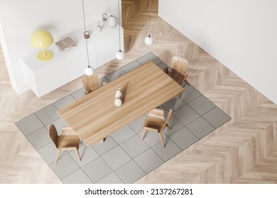 Light Meeting Room Interior With Wooden Chairs And Table, Top View, Dresser With Art Decoration, Hardwood Floor. Minimalist Guest Space, 3D Rendering