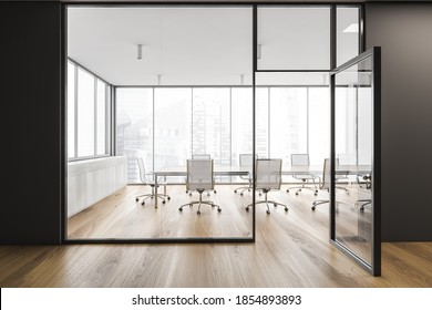 Light Office Meeting Room With Black Corridor With Glass Door Opened, Long Wooden Table With Black Chairs Inside. Wooden Design For Office Conference Room With No People, 3D Rendering
