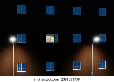 The light is on in one open window of a large multi-story residential building.  (3D render, not AI content).