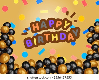 A light orange color background happy birthday banner party poppers black and golden balloons. happy birthday template illustration. - Powered by Shutterstock