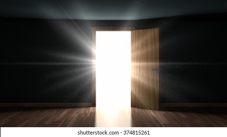 Light And Particles In A Dark Room Through The Opening Door