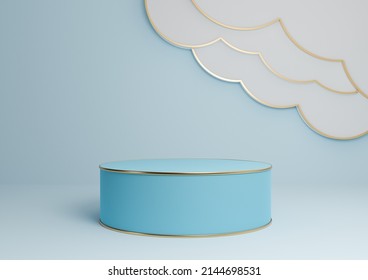 Light, Pastel, Baby Blue 3D Rendering Product Display Podium Or Stand With Abstract Clouds And Golden Lines Luxurious Minimal, Simple Composition Background Cylinder Platform