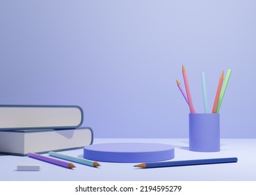 Light, Pastel Blue 3D Illustration Back To School Product Display Podium Or Stand, Horizontal Image From The Side With Pencils And Books On Table For Product Photography Background Or Wallpaper