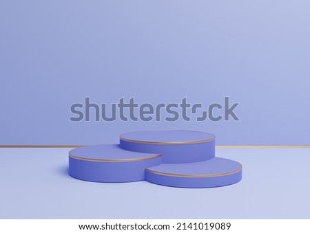 Light, pastel blue 3D rendering simple product display with three podiums or stand with golden line minimal background composition for luxurious products