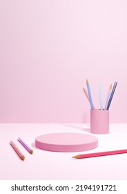 Light, Pastel, Lavender Pink 3D Illustration Back To School Product Display Podium Or Stand, Vertical Image From The Side With Pencils On Table For Product Photography Background Or Wallpaper
