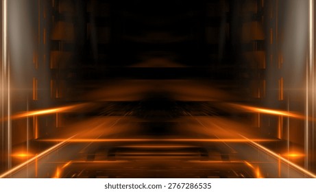 Light patterns create a unique visual in a dark corridor where glowing lines run along the walls and floor. scene captures an atmosphere of mystery and intrigue. 3d render.
