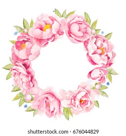 Light Pink  Peony Rose Circle Pattern With Blue Anemone,bindweed And Forget-me-not Flowers And Green Leaves