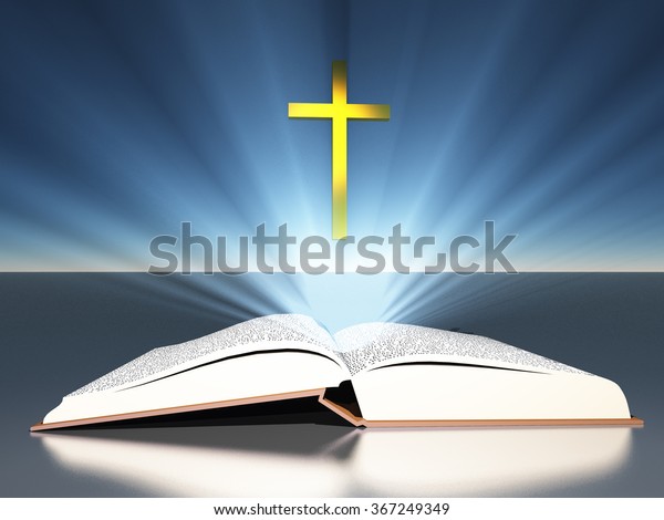 Light Radiates Bible Under Cross Stock Illustration 367249349