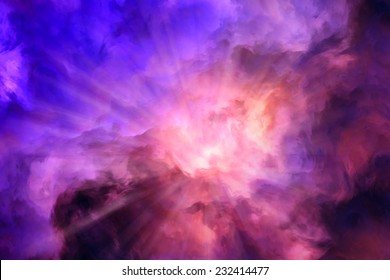 Light rays burst from roiling red and yellow clouds pushing aside calmer blue clouds.  Illustration representing intense energy, creation. 