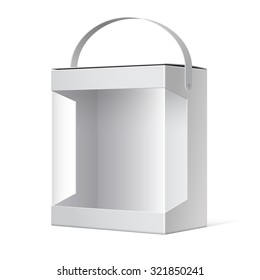 Light Realistic Package Cardboard Box With A Handle And A Transparent Plastic Window. 