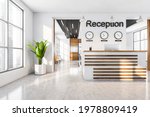 Light reception room interior with hall, modern furniture and clocks on the wall. Reception entrance with office desk and panoramic windows, white concrete floor and plant, 3D rendering