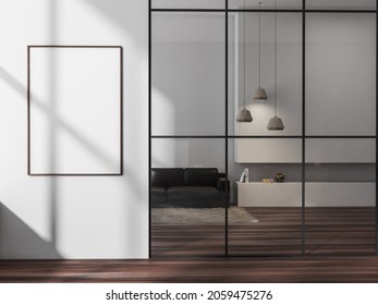 Light relaxing room interior with black couch on carpet closed behind doors, parquet floor. Shelf for books lamps. Blank frame on wall, 3D rendering