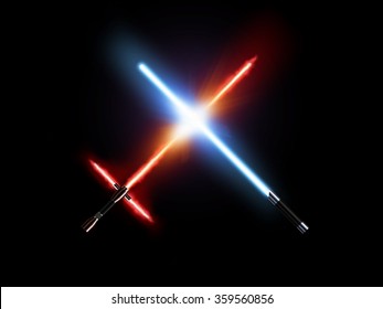 Light saber fight, red and blue isolated on black. Lightsaber futuristic weapons war. Sabre sword with fire force. Star master weapon equipment. Laser steel swords. Dark and light force.